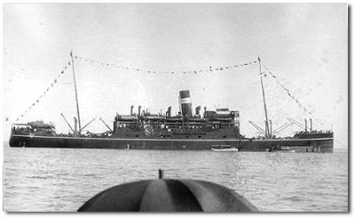 Karoa (BI 1915-1950), one of three Swan Hunter built, K class ships for the Bombay-East Africa/South Africa service, the first company ships designed specifically for the route. At 7,053 tons gross, Karoa had accommodation for 44 1st class, 64 2nd class and 1,471 deck passengers  